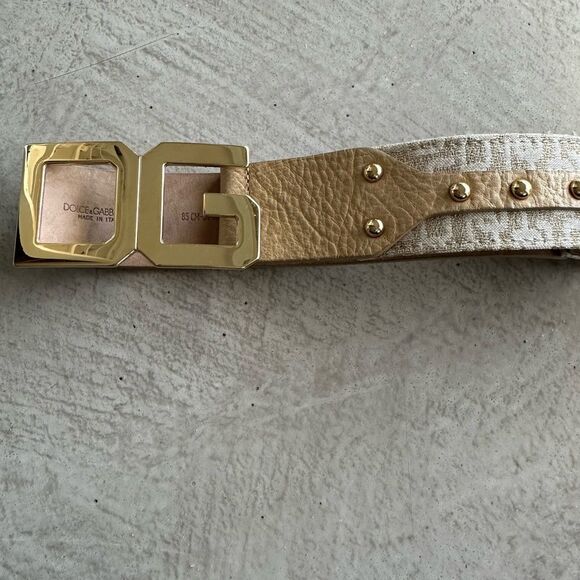 Dolce & Gabbana NWOT Y2K Tan Monogram Leather thick belt large Logo Gold Buckle - Picture 3 of 14